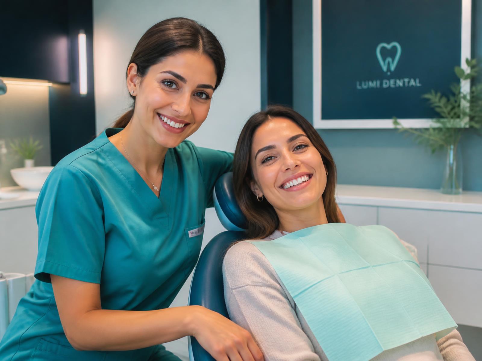 Dentista sorridente ao lado de paciente satisfeita em consultório moderno